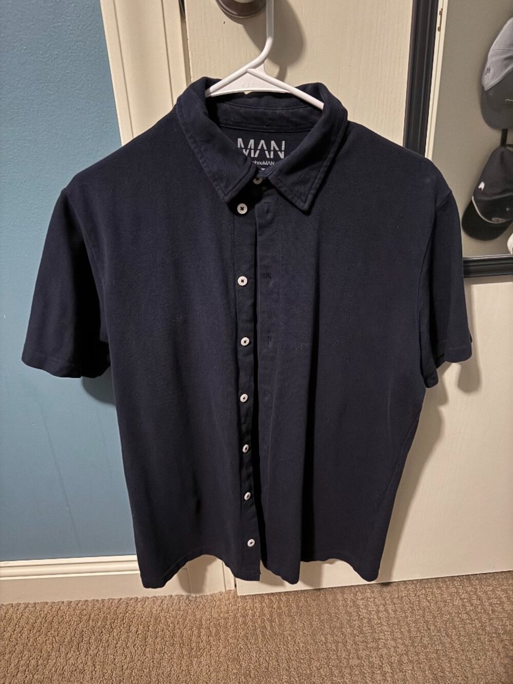 Boohooman Navy Short Sleeve Button Up T-Shirt Medium